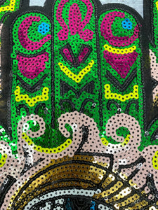 Exclusive,"Gold/Green/Pink Hamsa Eye Patch," Sequins Iron-on Patch, Bling Patch, DIY Crafts, Sz 10.5", Eye of Protection, 1-pc, Jacket Patch
