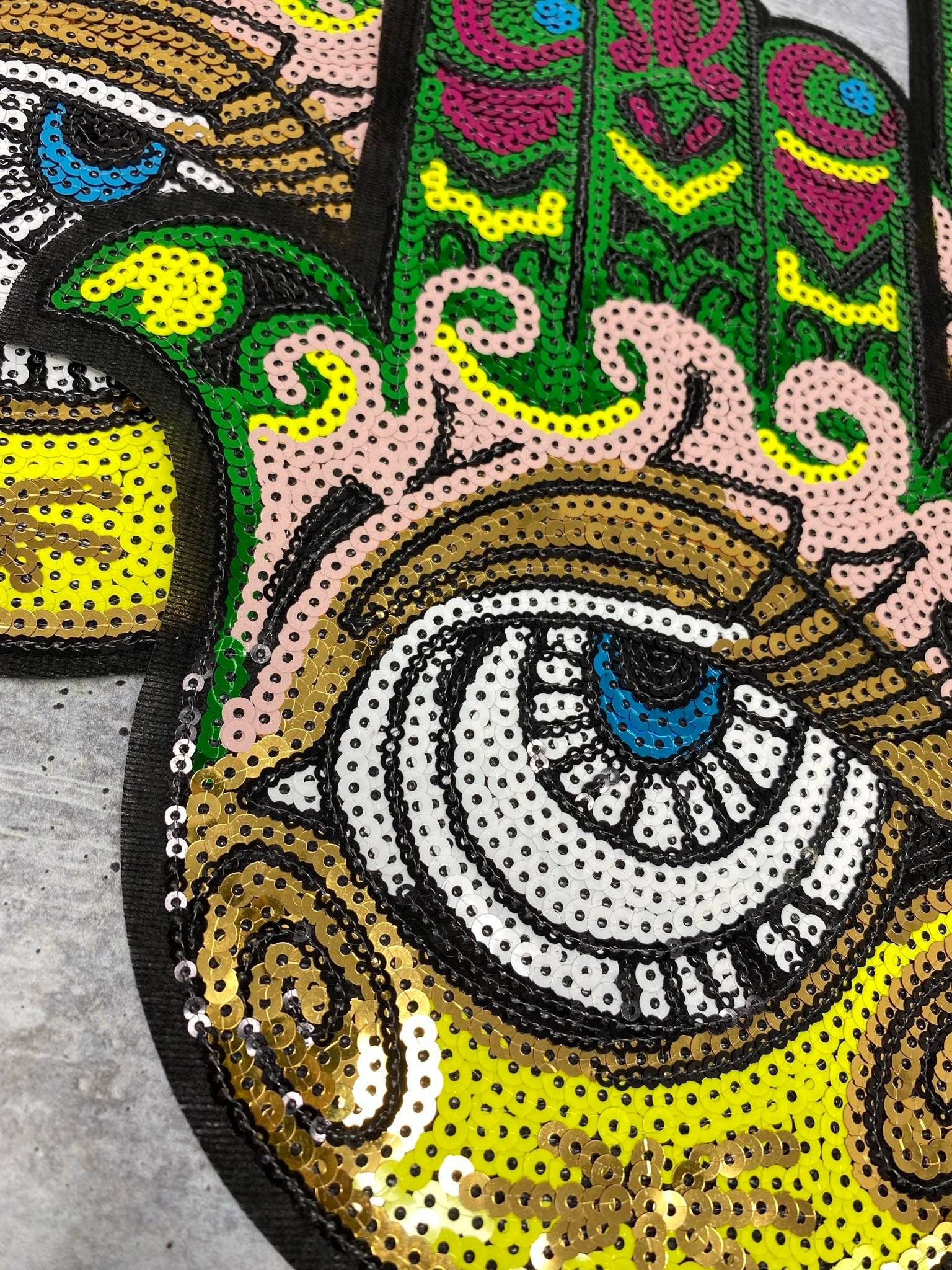 Exclusive,"Gold/Green/Pink Hamsa Eye Patch," Sequins Iron-on Patch, Bling Patch, DIY Crafts, Sz 10.5", Eye of Protection, 1-pc, Jacket Patch