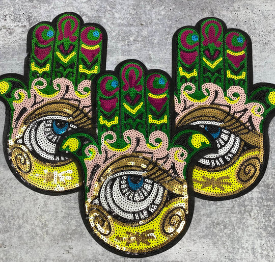 Exclusive,"Gold/Green/Pink Hamsa Eye Patch," Sequins Iron-on Patch, Bling Patch, DIY Crafts, Sz 10.5", Eye of Protection, 1-pc, Jacket Patch