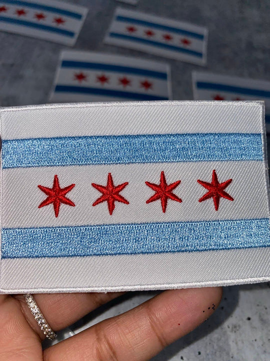 Collectable "Chicago Flag" Iron-On Embroidered Patch; Popular City, Chicago City Flag, Flag Day, Red/White/Blue Flag, 1-pc, Sz. 3.25"x2.15"