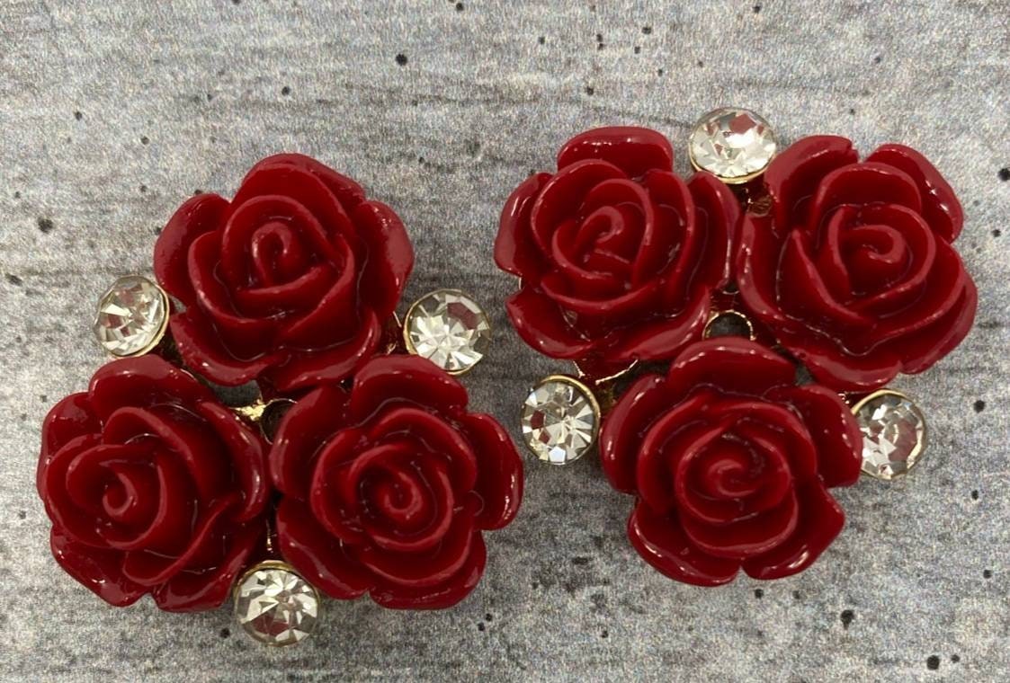 New, RED Resin Triple "Open Rose Bud" w/Bling, Flatback Charm, 1-pc Charm for CR O CS, Phone Cases, Sunglasses, Decor, and More! Size 2"