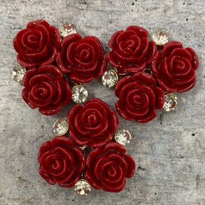 New, RED Resin Triple "Open Rose Bud" w/Bling, Flatback Charm, 1-pc Charm for CR O CS, Phone Cases, Sunglasses, Decor, and More! Size 2"