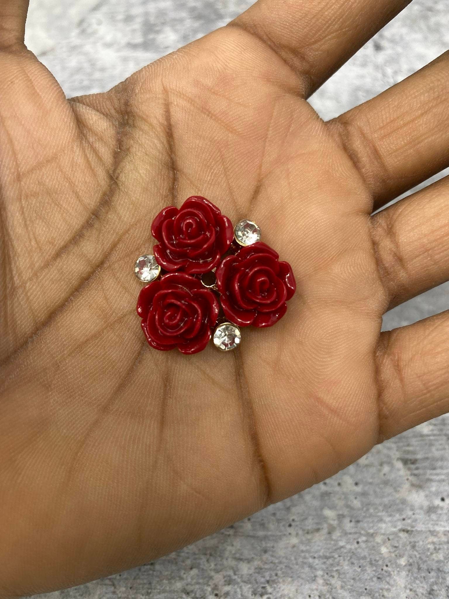 New, RED Resin Triple "Open Rose Bud" w/Bling, Flatback Charm, 1-pc Charm for CR O CS, Phone Cases, Sunglasses, Decor, and More! Size 2"