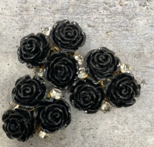 New, BLACK Resin Triple "Open Rose Bud" w/Bling, Flatback Charm, 1-pc Charm for CR O CS, Phone Cases, Sunglasses, Decor, & More! Size 2"