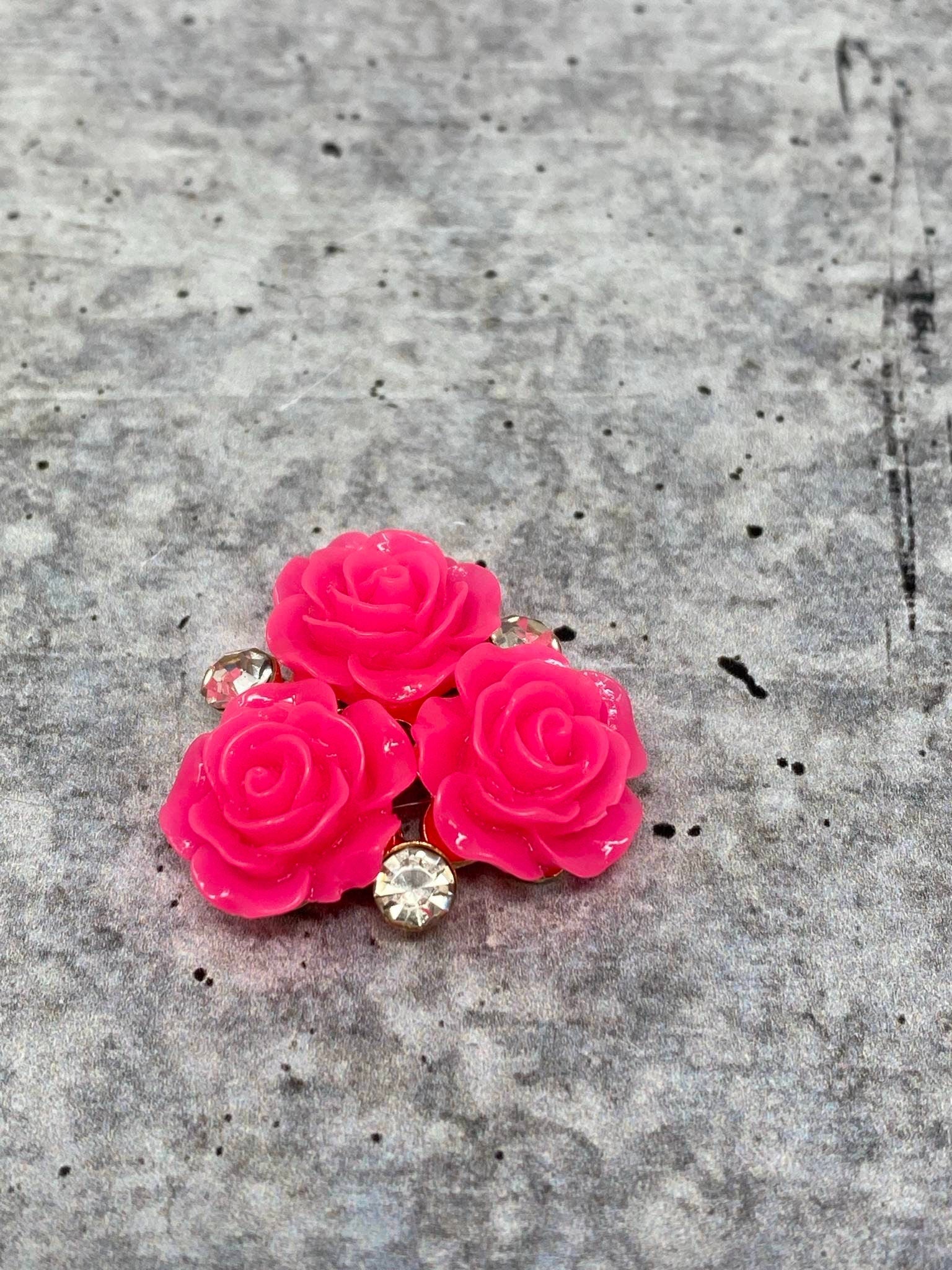 New, HOT Pink Resin Triple "Open Rose Bud" w/Bling, Flatback Charm, 1-pc Charm for CR O CS, Phone Cases, Sunglasses, Decor, & More! Size 2"