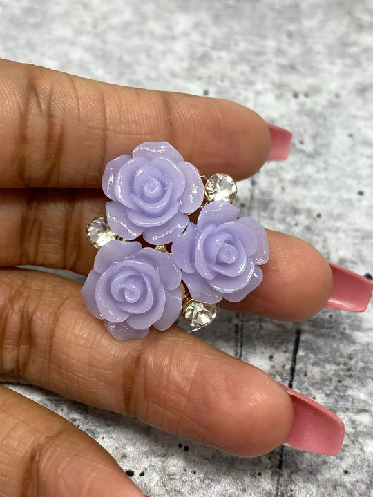 New, PURPLE Resin Triple "Open Rose Bud" w/Bling, Flatback Charm, 1-pc Charm for CR O CS, Phone Cases, Sunglasses, Decor, & More! Size 2"