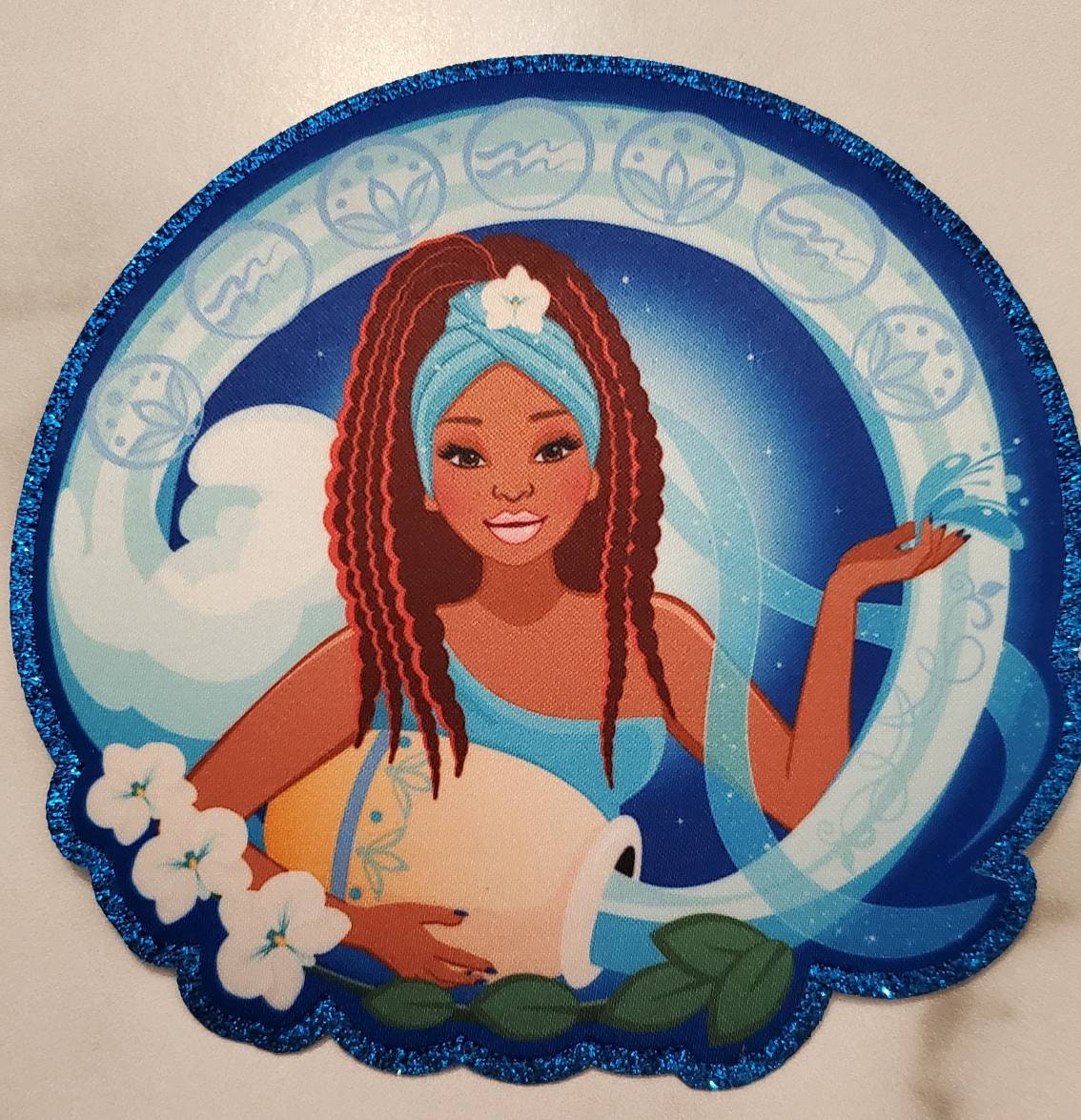 Exclusive, Melanated "Aquarius" w/BLUE Glitter, Vibrant, Iron-On Patch|Astrology Applique|Cool Patch|DIY Patch for Denim & Accessories,1-pc