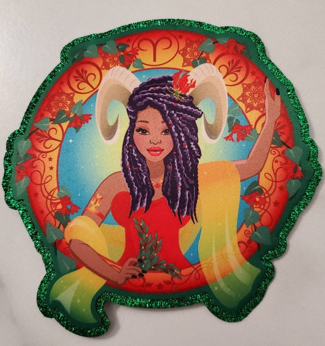 Exclusive, Melanated "Aries" w/GREEN Glitter, Vibrant, Iron-On Patch|Astrology Applique|Cool Patch|DIY Patch for Denim & Accessories,1-pc