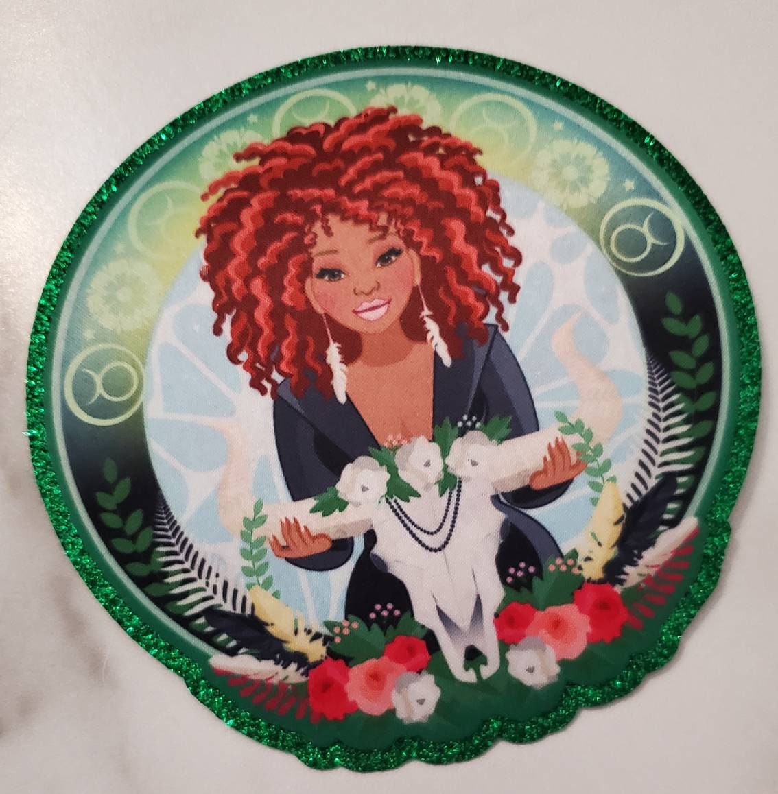 Exclusive, Melanated "Taurus" w/GREEN Glitter, Vibrant, Iron-On Patch|Astrology Applique|Cool Patch|DIY Patch for Denim & Accessories,1-pc
