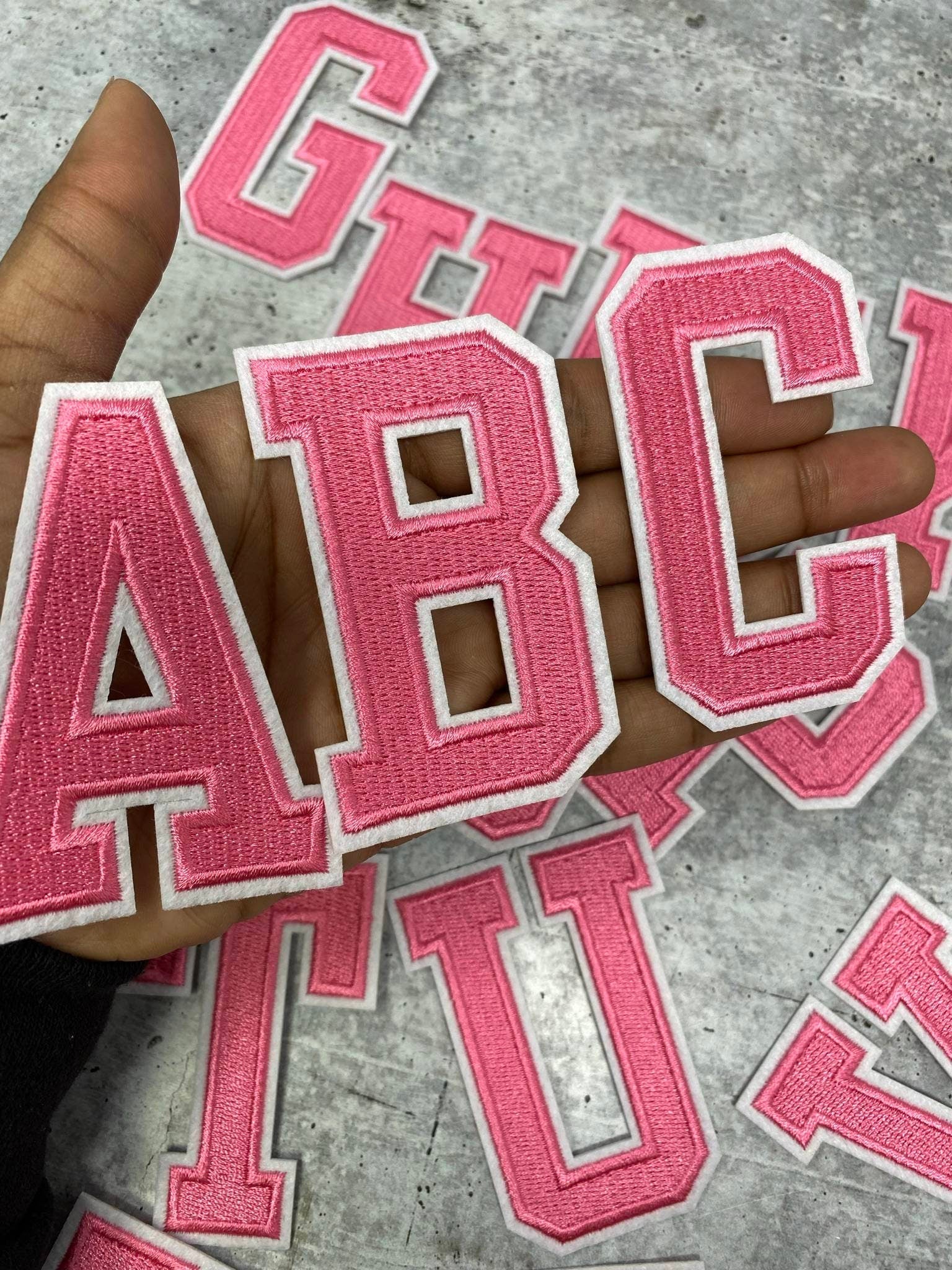 Pink Iron On Varsity Letter Patches - Sets of 3 Letters - Large 8 cm C —