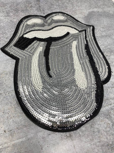 Sparkling "Silver" Sequins KISS Lips and Tongue Patch (sew-on) Size 13", LARGE Bling Patch for Denim Jacket, Shirts, Hoodies, and More