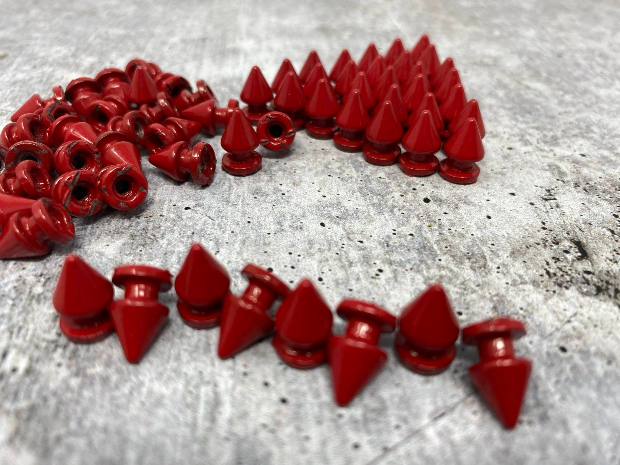 New,"Red" Spikes, 12mm, 100-pcs, Spikes w/Screws, Small Cone Spikes & Studs, Metallic Screw-Back for DIY Punk, Leather, Bags, and Apparel