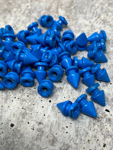 New,"Blue" Spikes, 12mm, 100-pcs, Spikes w/Screws, Small Cone Spikes & Studs, Metallic Screw-Back for DIY Punk, Leather, Bags, and Apparel