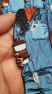 Exclusive, "Nurses Care a’Latte (African-American Nurse)", 100% Embroidery, Size 4", Iron-on Applique, DIY Patch for Clothing & Shoes
