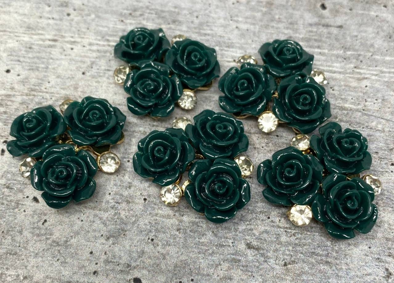 Forest GREEN Resin Triple "Open Rose Bud" w/Bling, Flatback Charm, 1-pc Charm for CR O CS, Phone Cases, Sunglasses, Decor, & More! Size 2"