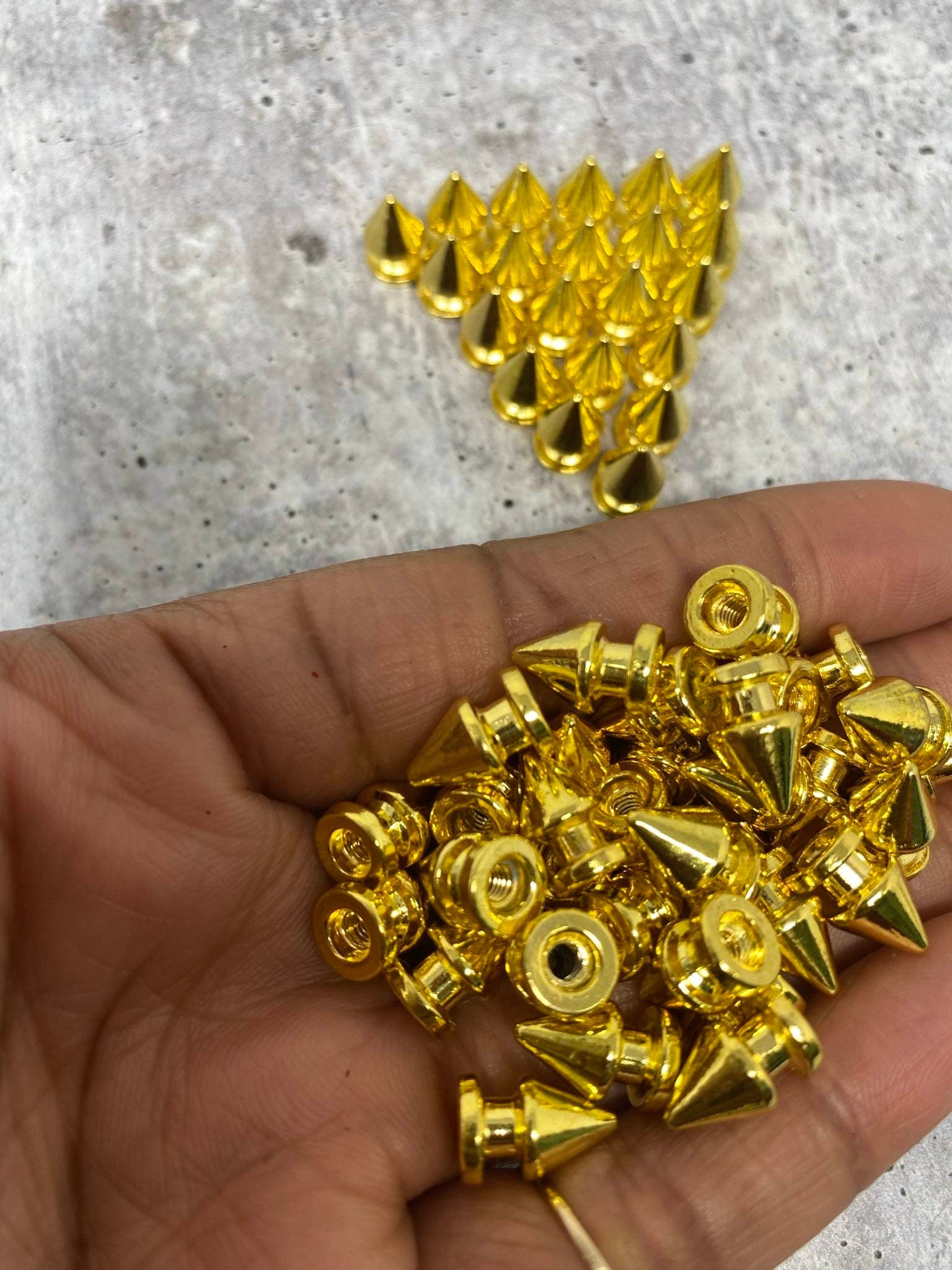 New,"Gold" Spikes, 12mm, 100-pcs, Spikes w/Screws, Small Cone Spikes & Studs, Metallic Screw-Back for DIY Punk, Leather, Bags, and Apparel