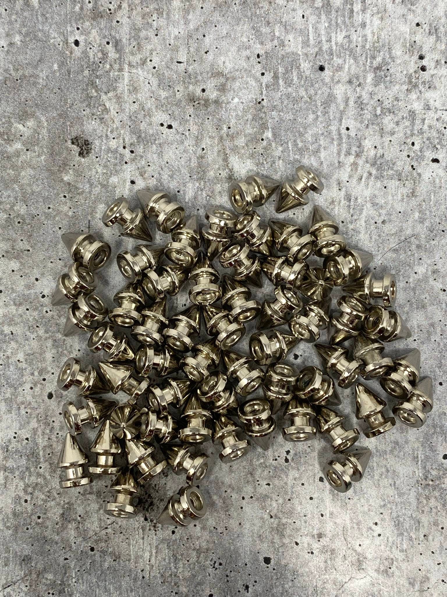 New,"Silver" Spikes, 12mm, 100-pcs, Spikes w/Screws, Small Cone Spikes & Studs, Metallic Screw-Back for DIY Punk, Leather, Bags, and Apparel