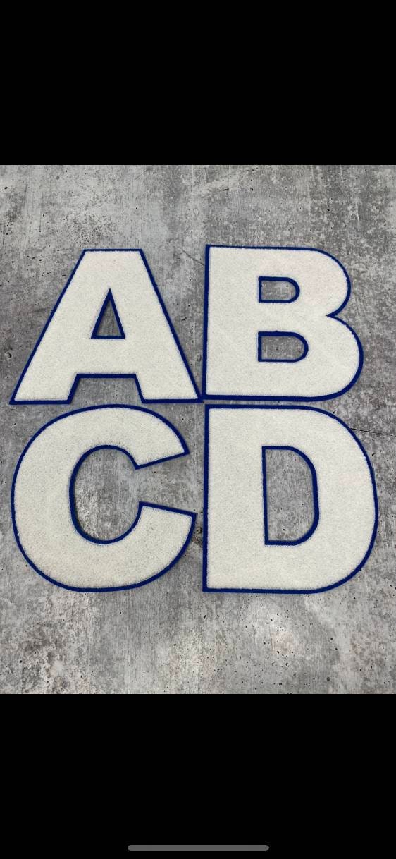 6" Large "White/Blue" Varsity Alphabet Patches,  Chenille w/Felt Letters, 1-pc, Choose Your Letter, A to Z Patch, Iron-on, Jacket Patch