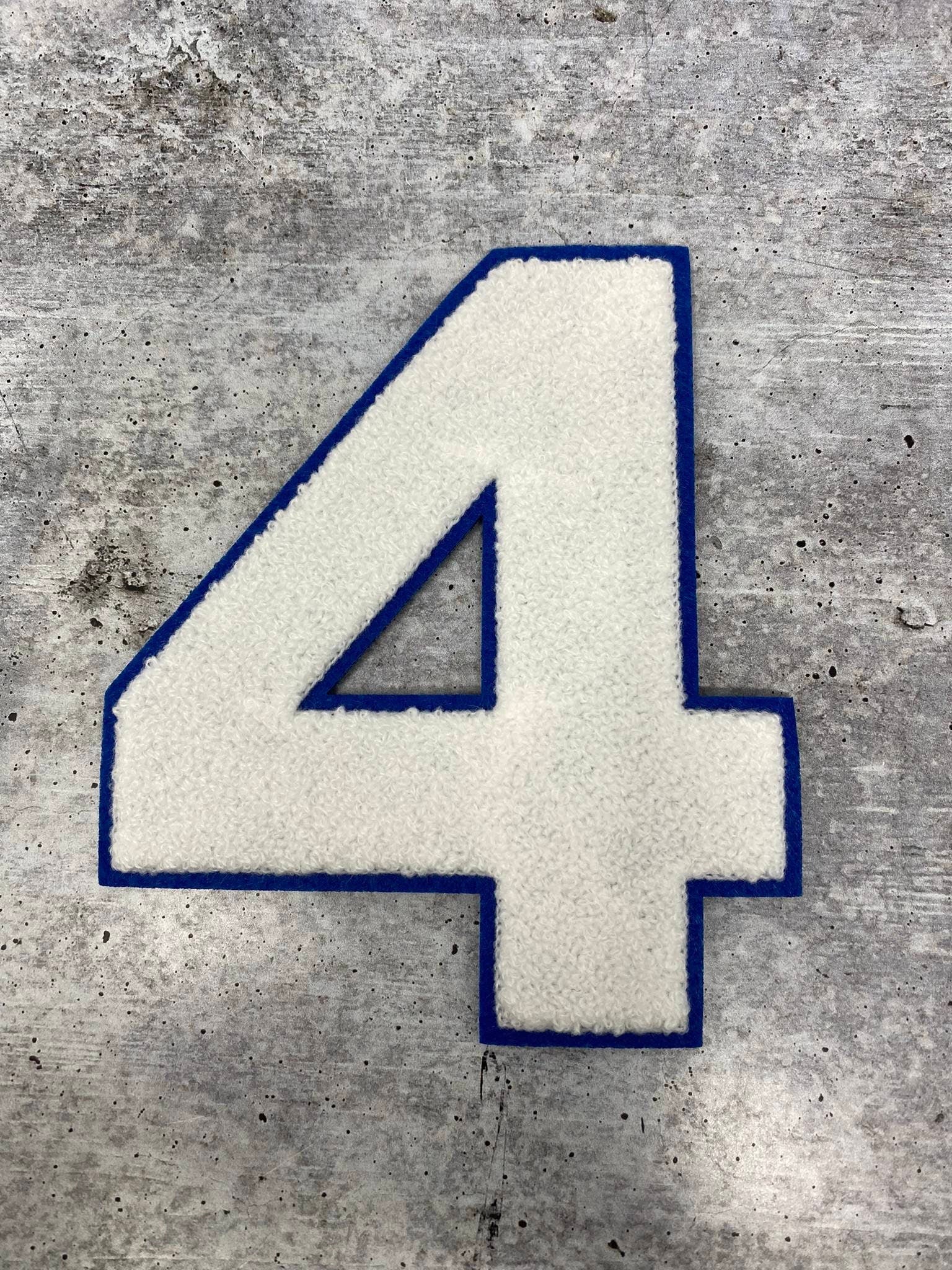 Numbers: 6" Large "White/Blue" Varsity Patches, Chenille w/Felt Letters, 1-pc, Choose Your Letter, 0 to 9 Patch, Iron-on, Jacket Patch