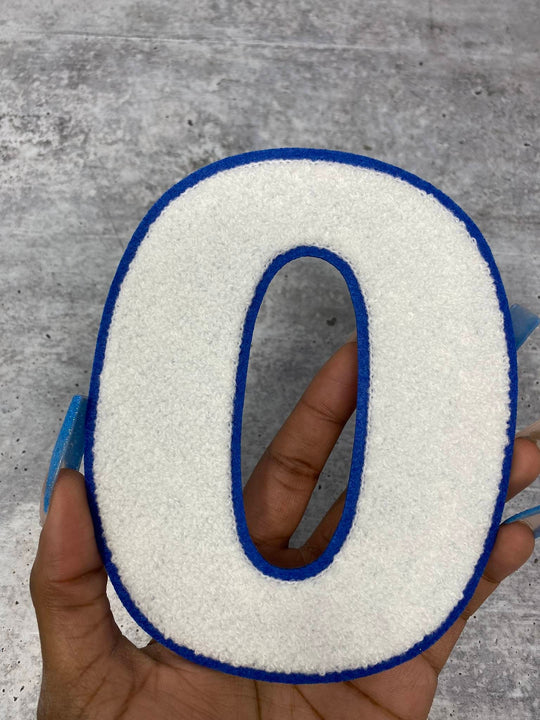 Numbers: 6" Large "White/Blue" Varsity Patches, Chenille w/Felt Letters, 1-pc, Choose Your Letter, 0 to 9 Patch, Iron-on, Jacket Patch