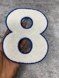 Numbers: 6 Large White/Blue Varsity Patches, Chenille w/Felt Letters,  1-pc, Choose Your Letter, 0 to 9 Patch, Iron-on, Jacket Patch