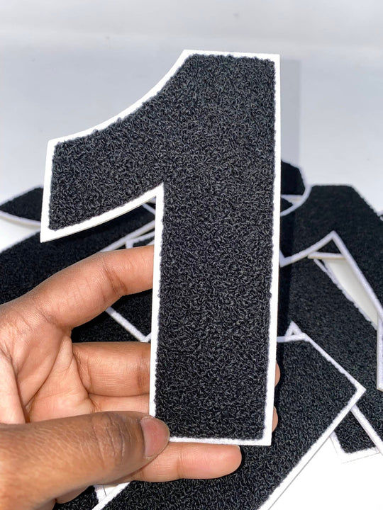 Numbers: 6" Large "White/Black" Varsity Patches, Chenille w/Felt Letters, 1-pc, Choose Your Letter, 0 to 9 Patch, Iron-on, Jacket Patch