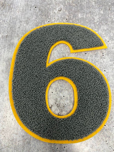 Numbers: 6" Large "Gray/Gold" Varsity Patches, Chenille w/Felt Letters, 1-pc, Choose Your Letter, 0 to 9 Patch, Iron-on, Jacket Patch