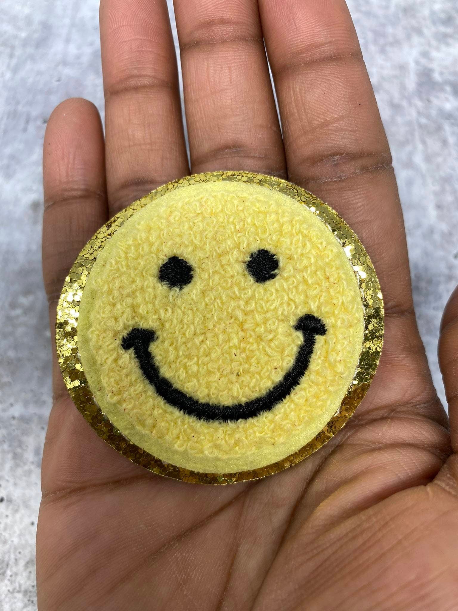 New: Yellow, Chenille "Smile Patch" w/ Gold Glitter, Size 2.5", Smiley Face Patch with Iron-on Backing, Fuzzy Happy Face Applique, Fun Patch