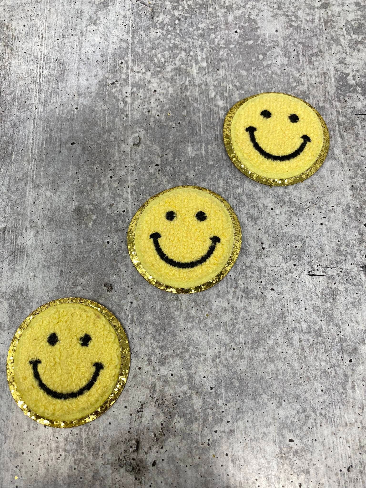 New: Yellow, Chenille "Smile Patch" w/ Gold Glitter, Size 2.5", Smiley Face Patch with Iron-on Backing, Fuzzy Happy Face Applique, Fun Patch