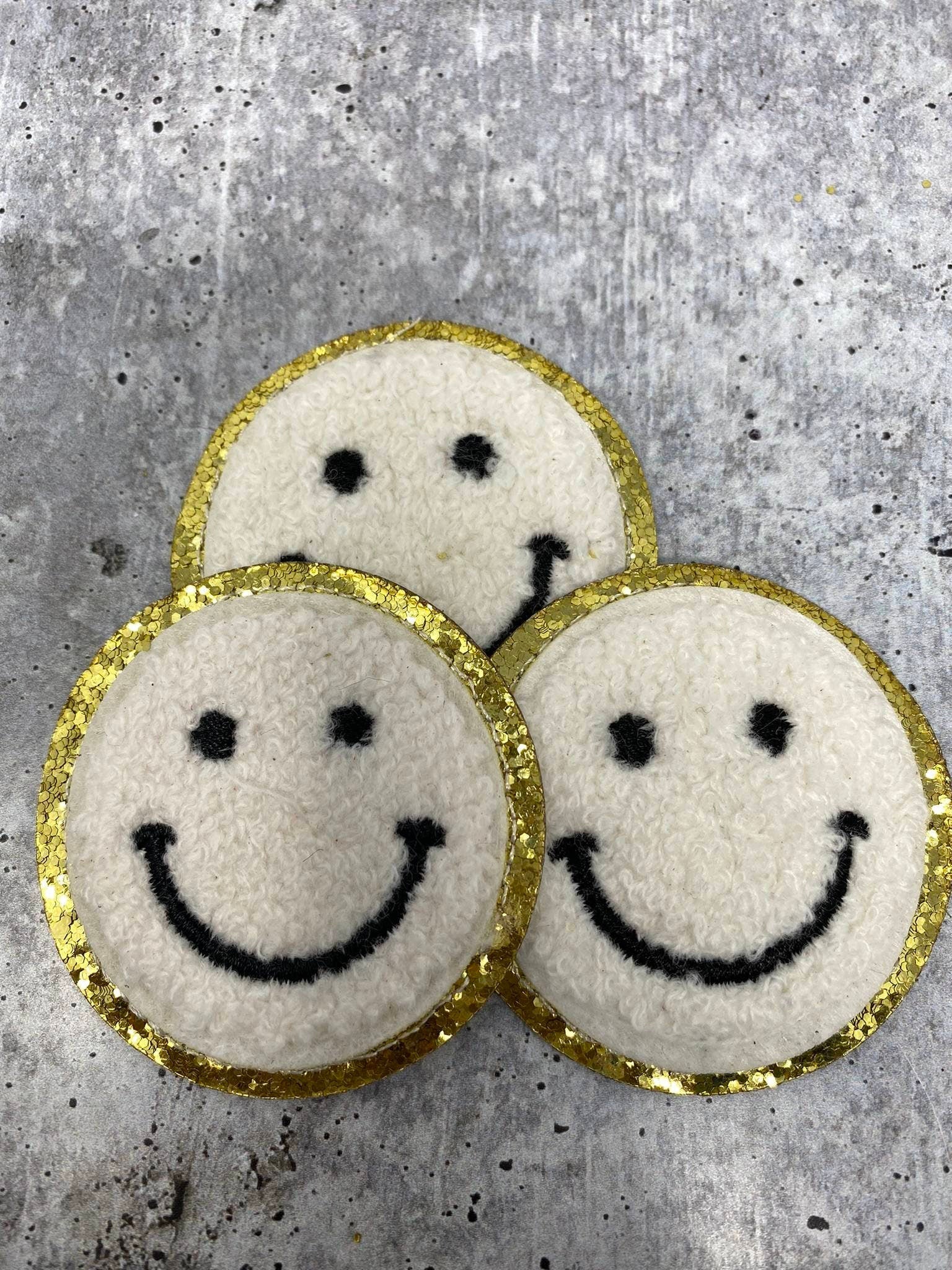New: White, Chenille "Smile Patch" w/ Gold Glitter, Size 2.5", Smiley Face Patch with Iron-on Backing, Fuzzy Happy Face Applique, Fun Patch