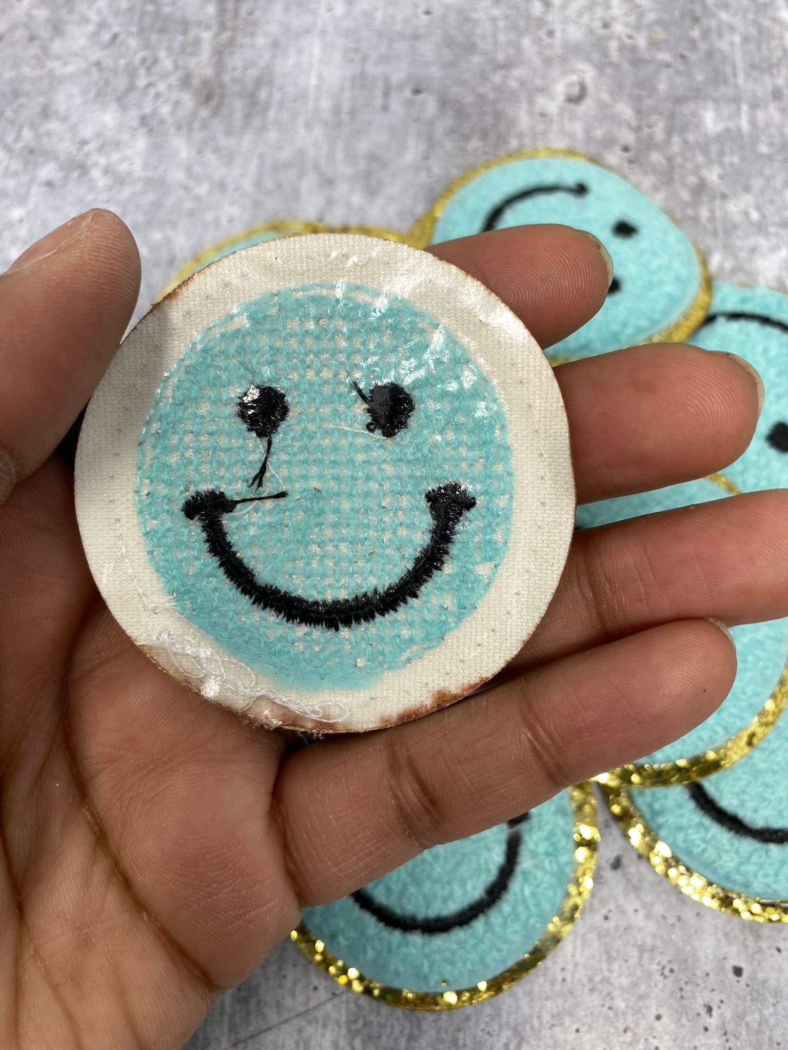 New: Aqua, Chenille "Smile Patch" w/ Gold Glitter, Size 2.5", Smiley Face Patch with Iron-on Backing, Fuzzy Happy Face Applique, Fun Patch