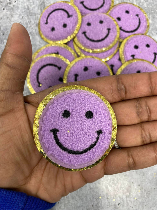 New: Purple, Chenille "Smile Patch" w/ Gold Glitter, Size 2.5", Smiley Face Patch with Iron-on Backing, Fuzzy Happy Face Applique, Fun Patch