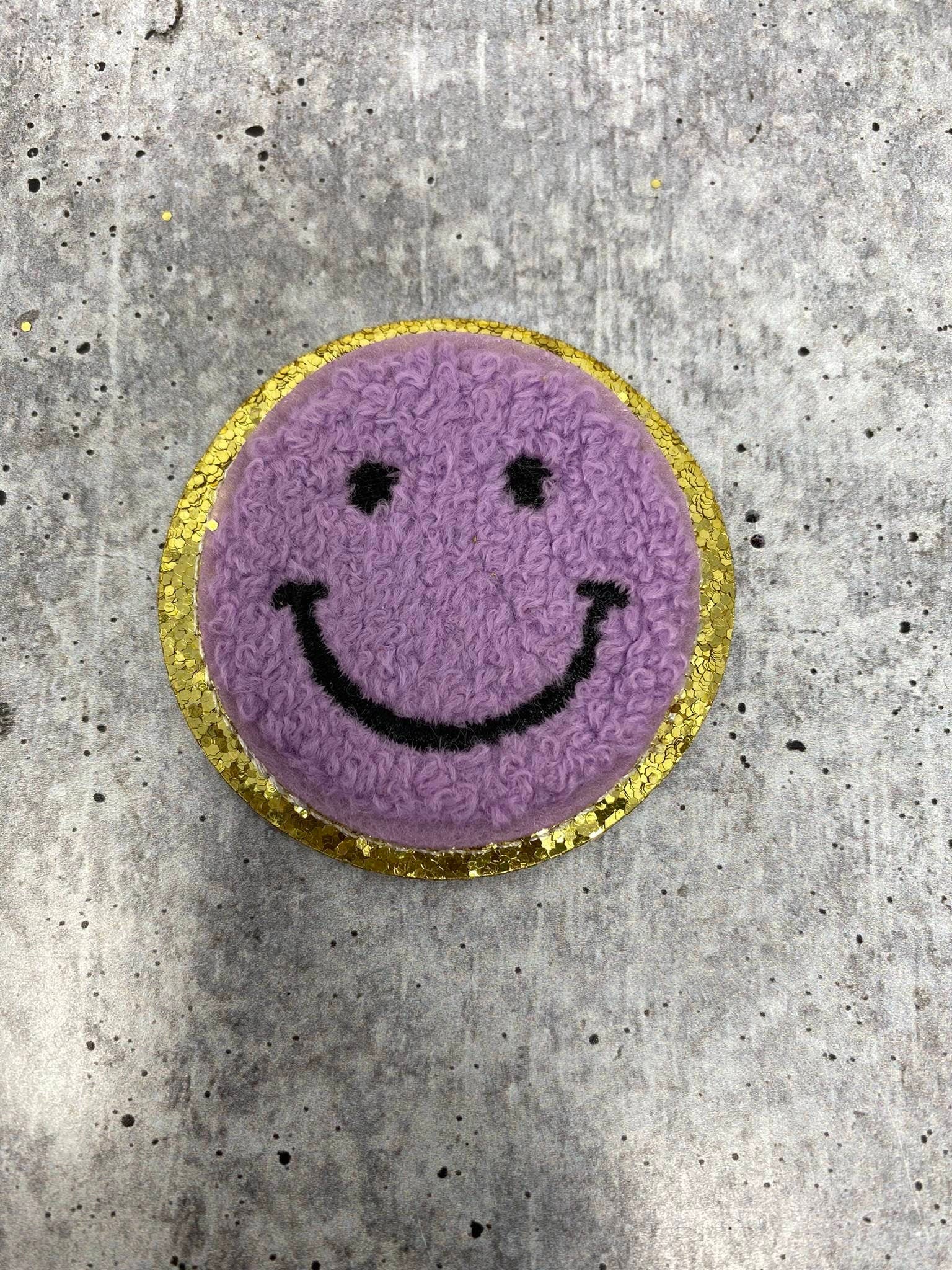 New: Purple, Chenille "Smile Patch" w/ Gold Glitter, Size 2.5", Smiley Face Patch with Iron-on Backing, Fuzzy Happy Face Applique, Fun Patch