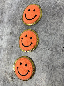New: Orange, Chenille "Smile Patch" w/ Gold Glitter, Size 2.5", Smiley Face Patch with Iron-on Backing, Fuzzy Happy Face Applique, Fun Patch