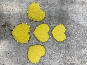 New: Yellow, 1-pc,Chenille "Heart" Patch w/ Gold Glitter, Size 2.5", Love Badge, Heart Patch with Iron-on Backing, Fuzzy Applique, DIY Patch