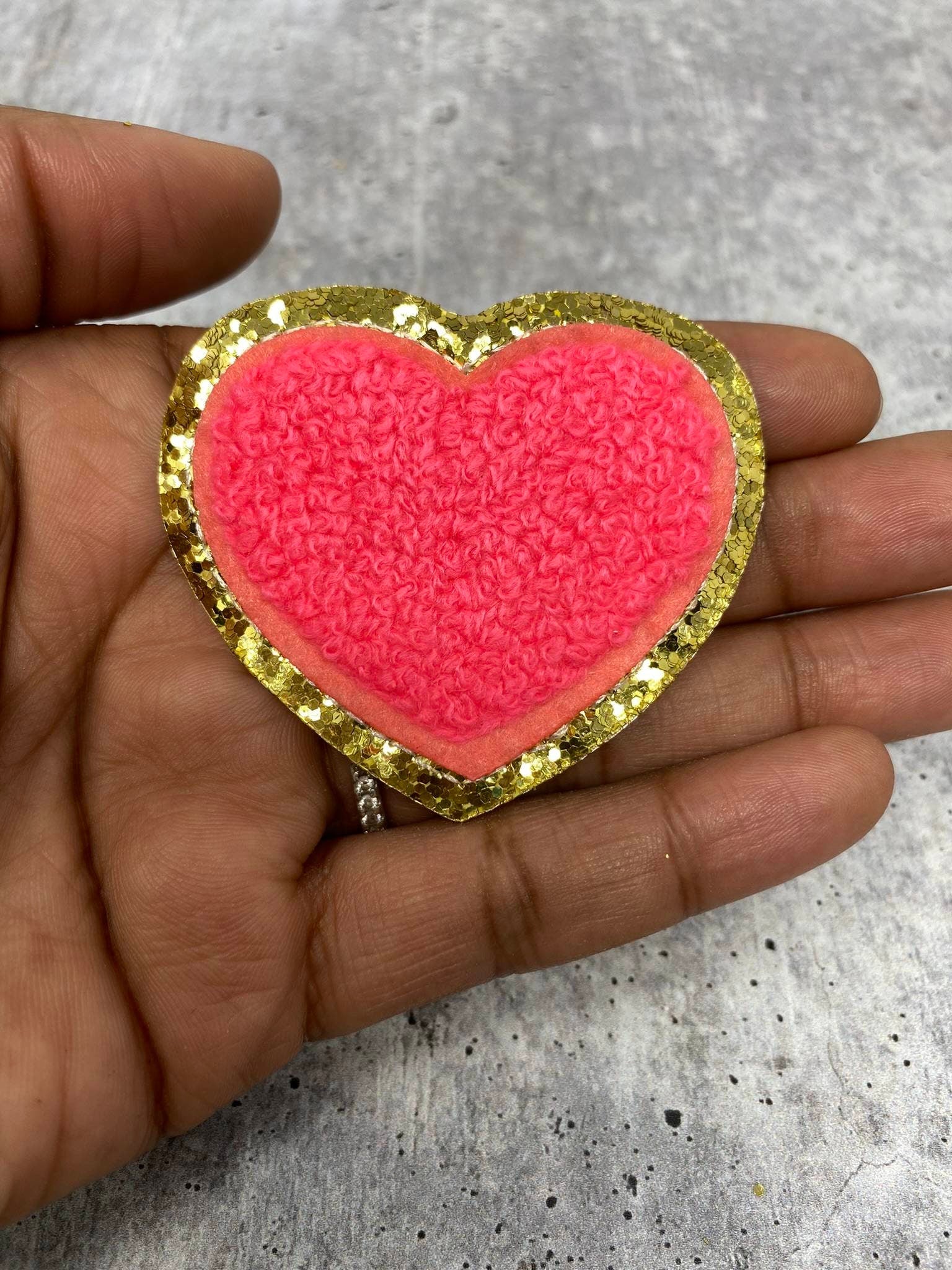 New: NEON Pink, 1-pc,Chenille Heart Patch w/Gold Glitter, Size 2.5, –  PatchPartyClub