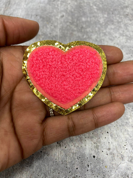 New: NEON Pink, 1-pc,Chenille "Heart" Patch w/Gold Glitter, Size 2.5", Love Badge, Heart Patch w/ Iron-on Backing, Fuzzy Applique, DIY Patch