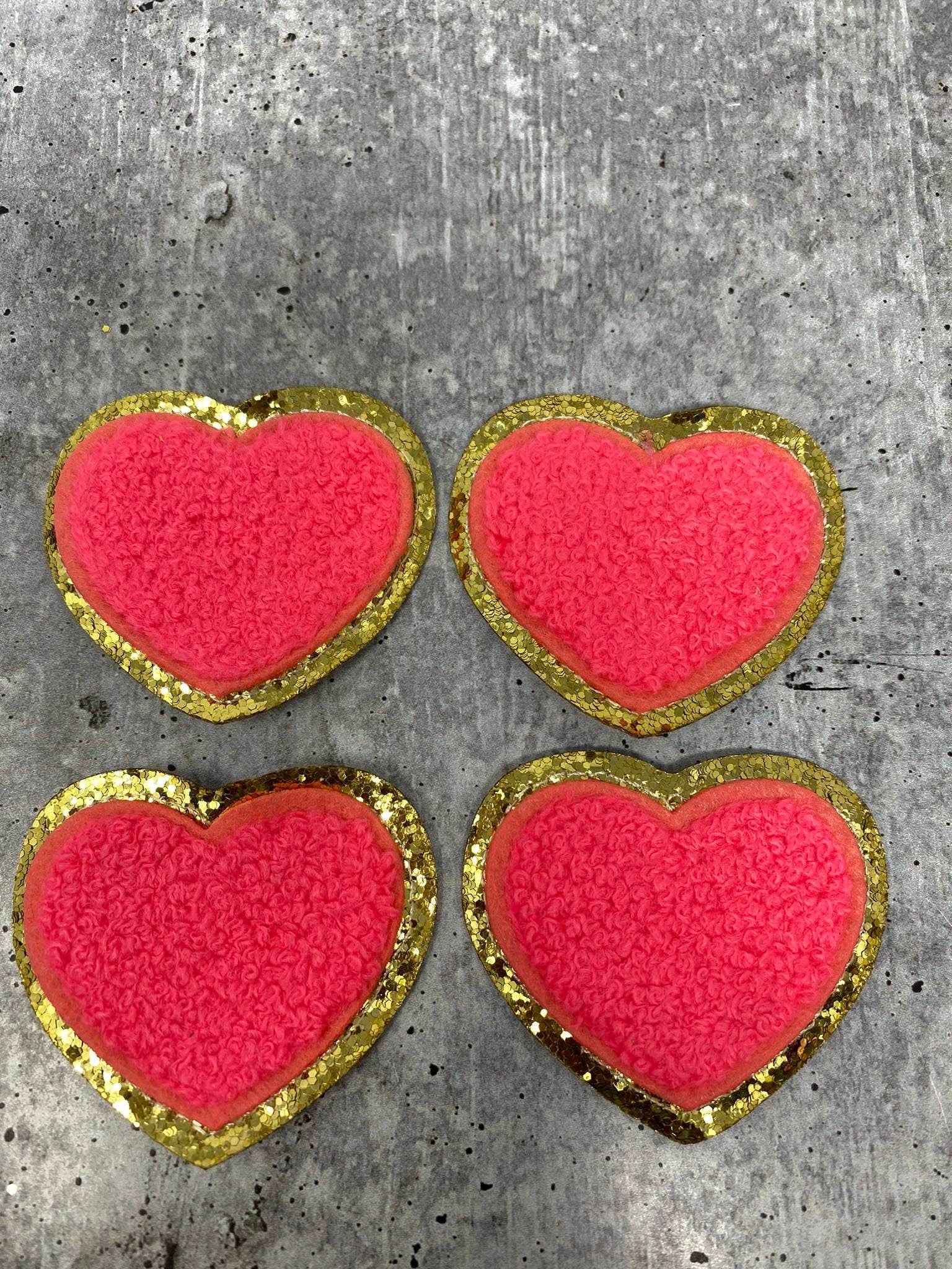 New: NEON Pink, 1-pc,Chenille "Heart" Patch w/Gold Glitter, Size 2.5", Love Badge, Heart Patch w/ Iron-on Backing, Fuzzy Applique, DIY Patch