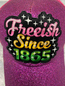 New, Juneteenth "Freeish Since 1865" Purple Messy Bun/Ponytail Hat, Glitter Hat, Sparkling Bad Hair Day Hat, Gift for Her, Fashionable Hat