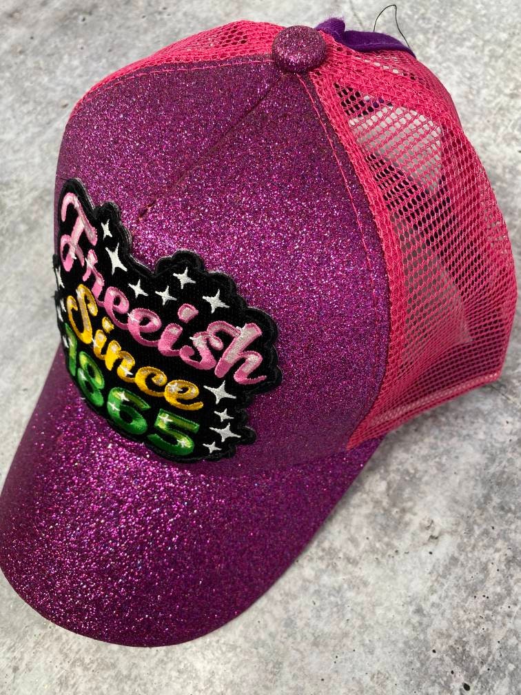 New, Exclusive "Freeish Since 1865" Purple Messy Bun/Ponytail Hat, Glitter Hat, Sparkling Bad Hair Day Hat, Gift for Her, Fashionable Hat