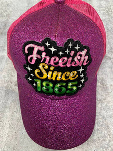 New, Exclusive "Freeish Since 1865" Purple Messy Bun/Ponytail Hat, Glitter Hat, Sparkling Bad Hair Day Hat, Gift for Her, Fashionable Hat