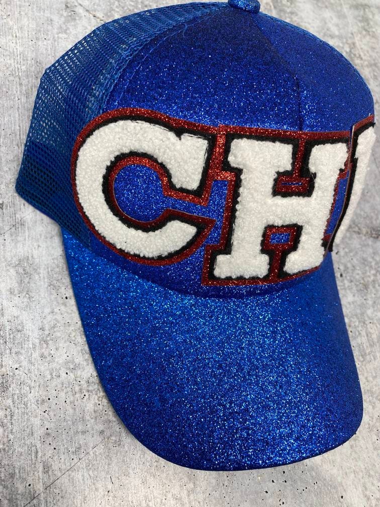 New, Exclusive Chenille "CHI" Blue/Red/White Messy Bun/Ponytail Hat, Glitter Hat, Sparkling Bad Hair Day Hat, Gift for Her, Fashionable Hat