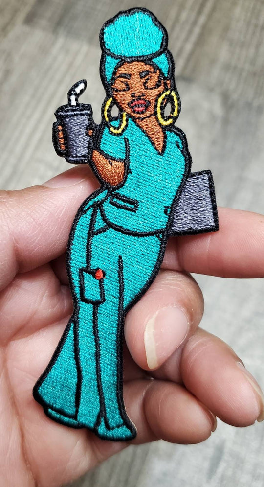 New Arrival, "Nurse Eva" with Coffee and Clipboard, 100% Embroidery, Size 4", Iron-on Applique, DIY Patch for Clothing & Shoes, Nurse Patch