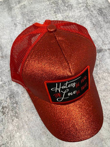 Exclusive "Haters Be Real" Red Glitter Messy Bun/Ponytail Hat, Glitter Hat, Sparkling Bad Hair Day Hat, Gift for Her, Fashionable Hat