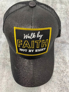 Exclusive "Walk By Faith" Black Glitter Messy Bun/Ponytail Hat, Glitter Hat, Sparkling Bad Hair Day Hat, Gift for Her, Fashionable Hat