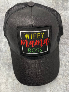 Exclusive “Wifey, Mama, Boss" Black Glitter Messy Bun/Ponytail Hat, Glitter Hat, Sparkling Bad Hair Day Hat, Gift for Her, Fashionable Hat