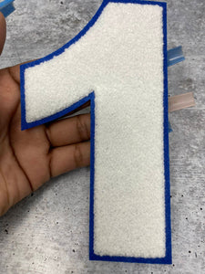 Numbers: 6" Large "White/Blue" Varsity Patches, Chenille w/Felt Letters, 1-pc, Choose Your Letter, 0 to 9 Patch, Iron-on, Jacket Patch