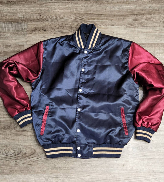 Limited Edition: Satin Navy Blue|Burgundy|Beige Varsity Jacket with Ribbed Cuffs, Interior Zipper, Fashionable Jacket, Starter Sports Jacket