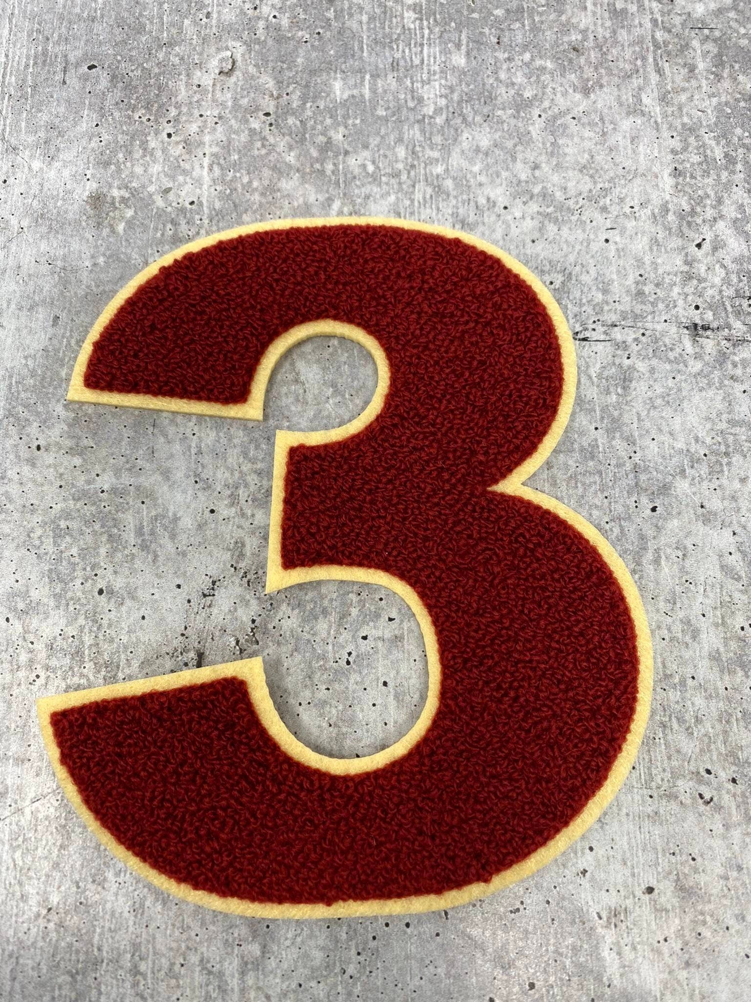 Numbers: 6" Large "Burgundy/Beige" Varsity Patches, Chenille w/Felt Letters, 1-pc, Choose Your Letter, 0 to 9 Patch, Iron-on, Jacket Patch