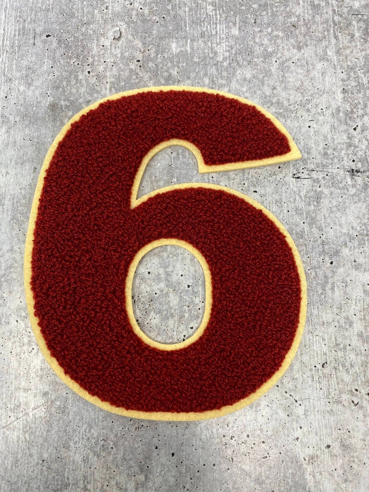 Numbers: 6" Large "Burgundy/Beige" Varsity Patches, Chenille w/Felt Letters, 1-pc, Choose Your Letter, 0 to 9 Patch, Iron-on, Jacket Patch